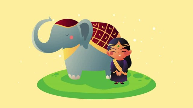 asian culture girl and elephant animation