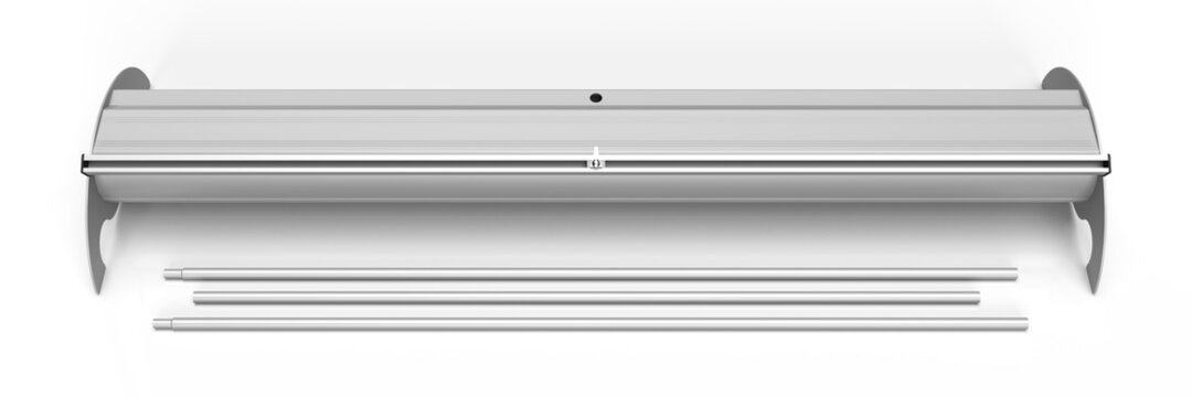 Roll up or Pull up Banner Mechanism only showing the base, the extrusion and the poles of the system, Executive Rola 3d rendered illustration. Aluminum Mechanism.