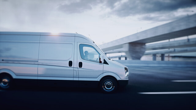 White delivery van on highway. Very fast driving. Delivery concept. 3d rendering.