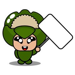 vector cartoon character illustration cute vegetable cauliflower mascot costume holding white board