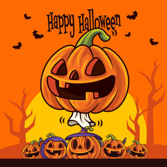 Happy Halloween. Cartoon cute Jack O Lantern pumpkin laughing with a group of small pumpkins