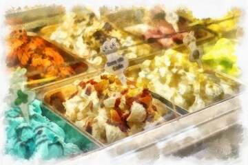 Ice cream watercolor style illustration impressionist painting.