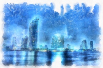 Urban landscape watercolor style illustration impressionist painting.