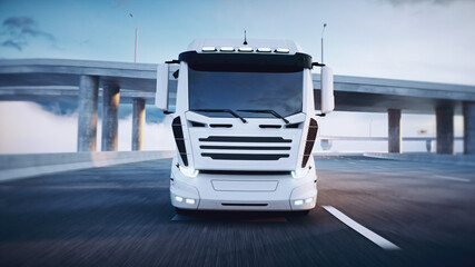 White delivery truck on highway. Very fast driving. Delivery concept. 3d rendering.