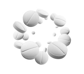 White round tablets levitate on a white background