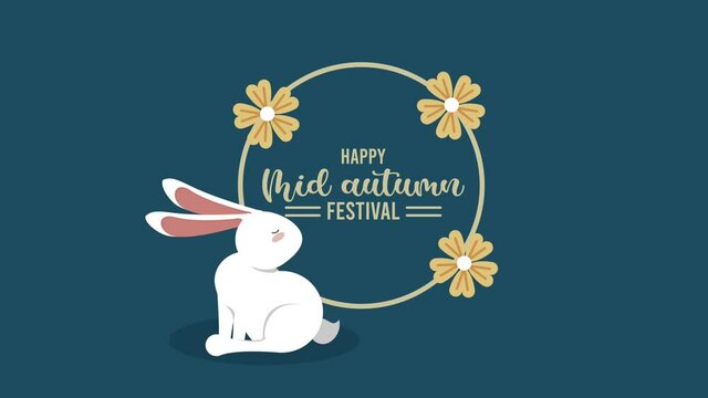 happy mid autumn festival lettering with rabbit and floral frame