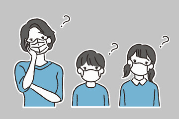 Naklejka premium マスクをして困った顔をする母親と子供たち