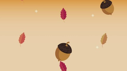hello autumn animation with leaves and acorn pattern