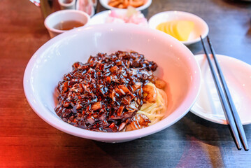 A Chinese-style noodle with black bean paste in Korean restaurant