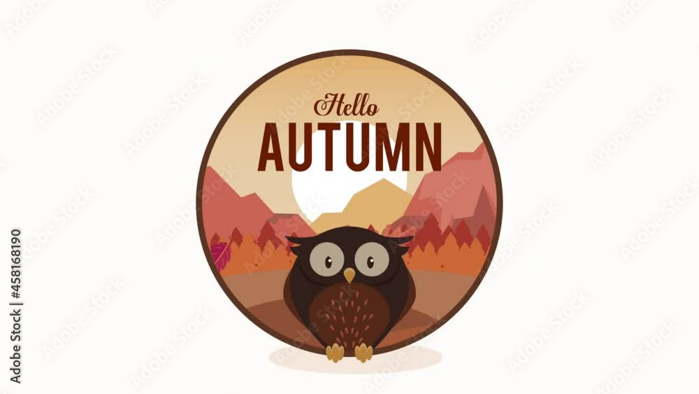 Wall mural hello autumn lettering with owl animation