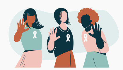 Gender violence concept Woman show stop gesture or sign protest against racial or gender discrimination. Diverse female characters for equal diversity design. Women day, sisterhood vector illustration - obrazy, fototapety, plakaty