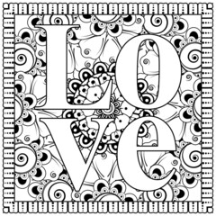 love words with mehndi flowers for coloring book page doodle ornament