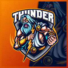 Zeus Thunder God mascot esport logo design illustrations vector template, Greece Ancient Gods logo for team game streamer merch, full color cartoon style