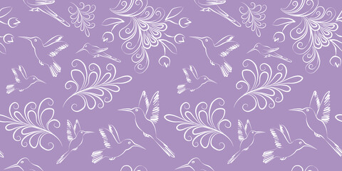multicolor Seamless pattern digital paper textile packaging purple Backgrounds. white bird and leafs line art elements on violet Background. Doodle and scribble colorful silhouette hummingbird with