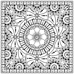 Outline square flower pattern in mehndi style for coloring book page