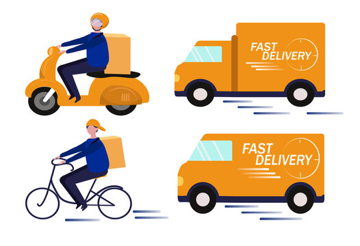 vector illustration, set of isolated pictures on the theme of fast delivery, express delivery. scooter courier, bike courier, truck and van. trend illustration in flat style