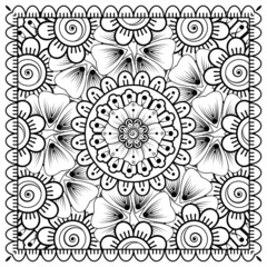 Fototapeta premium Outline square flower pattern in mehndi style for coloring book page