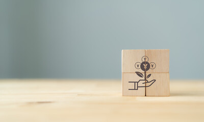 Yuan digital currency  e-CNY concept.  Technology digital financial and china cryptocurrency concept. Increase wealth to trader. Money growth icon on wooden cubes with beautiful background, banner.