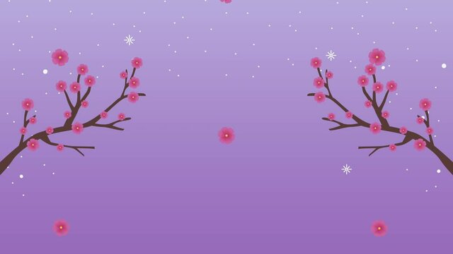 mid autumn animation with tree branches and pink flowers