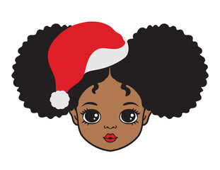 Cute African American black girl with afro puff hair and a Christmas Santa hat vector illustration. - obrazy, fototapety, plakaty