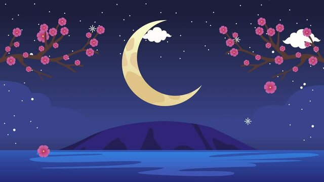 mid autumn animation with crescent moon and branches