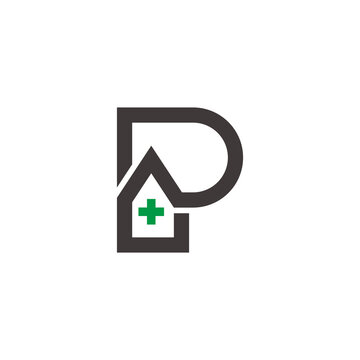 letter p plus medical house symbol logo vector