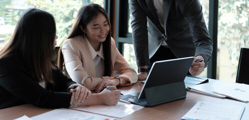 Business people meeting conference discussion corporate concept with collegue in video chart, discussing financial report of their company.