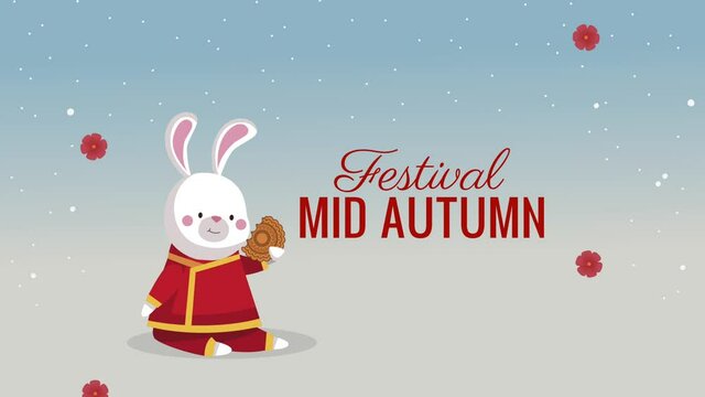 mid autumn lettering animation with rabbit eating mooncake
