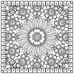 Outline square flower pattern in mehndi style for coloring book page