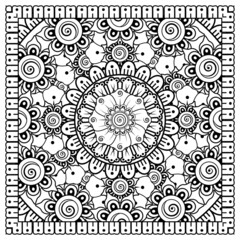 Outline square flower pattern in mehndi style for coloring book page