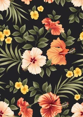 Foto op Canvas Seamless pattern of hibiscus flowers and palm leaf background template. Vector set of floral element for tropical print, wedding invitations, greeting card, brochure, banners and fashion design. © mamsizz