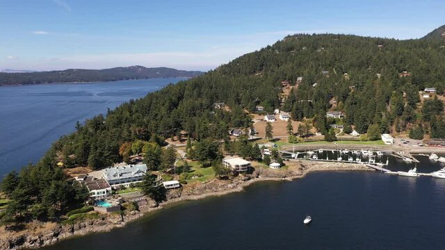 Cinematic 4K aerial drone 360 footage of Rosario Point, Cascade Bay, East Sound, Rosario Resort and Spa on Orcas Island, San Juan Islands in Washington