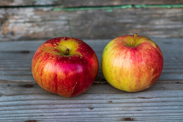 Two red apples on a piece of wood