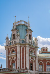The grand palace in Tsaritsyno park in Moscow on cloudy sky background
