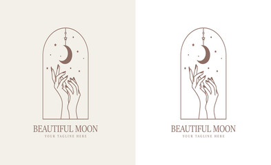 feminine Beauty boho logo collection with magical hand, nails, rose, crystal, moon, sun, star Vector illustration for icon, logo, sticker, printable and tattoo