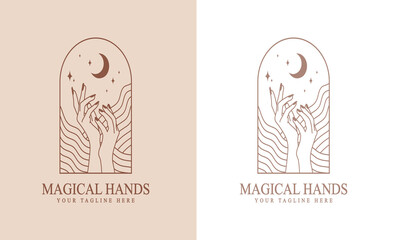 feminine Beauty boho logo collection with magical hand, nails, rose, crystal, moon, sun, star Vector illustration for icon, logo, sticker, printable and tattoo