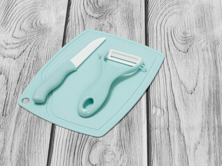 Top view of cutlery set on the wooden background.