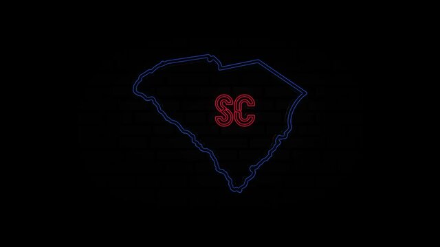Glowing neon line South Carolina state lettering isolated on black background. USA. Animated map showing the state of South Carolina from the united state of america