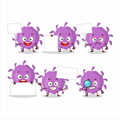 Virus particle cartoon character bring information board