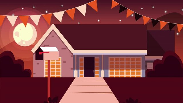 happy halloween animation with house and garland