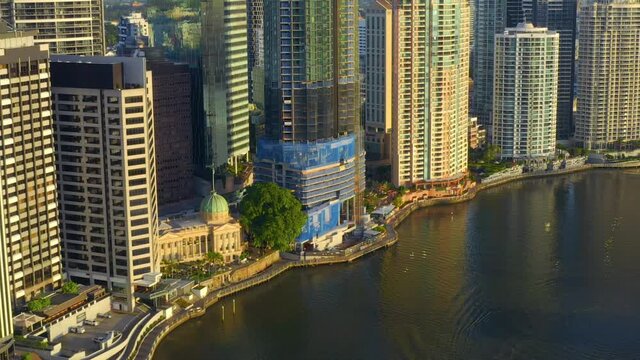 Zoom In Aerial View of Brisbane Riverside with 443 Queen Street Residential Building being under construction in the Center, QLD Australia