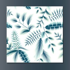 Fashionable abstract seamless background with blue color tropical leaves on white background. Vector design. Jungle print. Floral background. Printing and textiles. Exotic summer