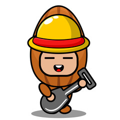 cartoon character illustration vector cute almond nut mascot costume wearing farmer's hat and holding a shovel