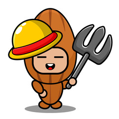 cute almond mascot costume vector cartoon character illustration holding farmer's fork