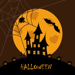 The ghost castle on the background of a large moon surrounded by pumpkins. Halloween holiday. Design a postcard, poster or flyer. Illustration.