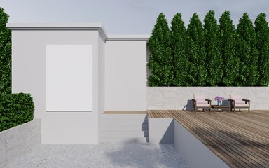 Outdoor chair set with wall frame.3d rendering