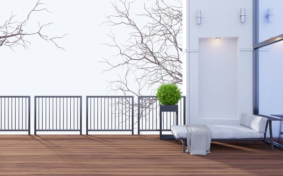Modern loft style balcony with white background. There are chairs and a brown wooden floor.3d rendering