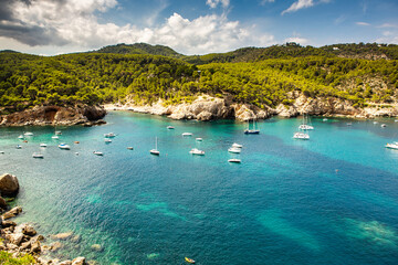 Obraz premium Beautiful beach with very clean and azure water on the mediterranean sea in the island of Ibiza, Spain