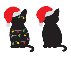 Black cat silhouette with a Santa hat and colorful Christmas light vector illustration.