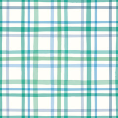 Check pattern in green. Vector seamless repeat of hand drawn checked gingham design. Cute geometric illustration.